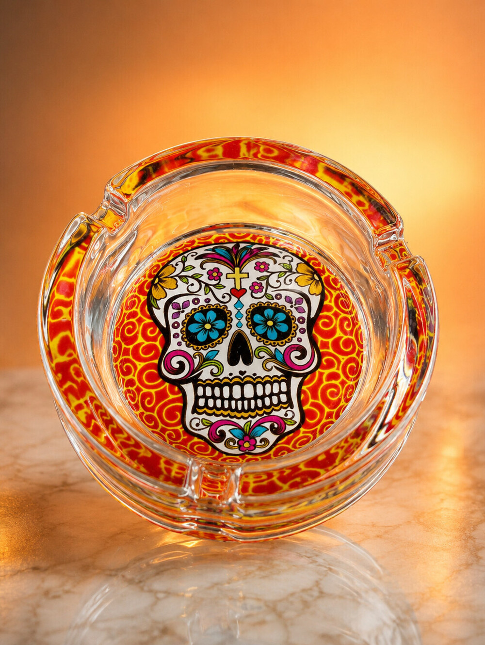 Ashtray Heavy Glass 3.25" Round - Sugar Skull- Orange